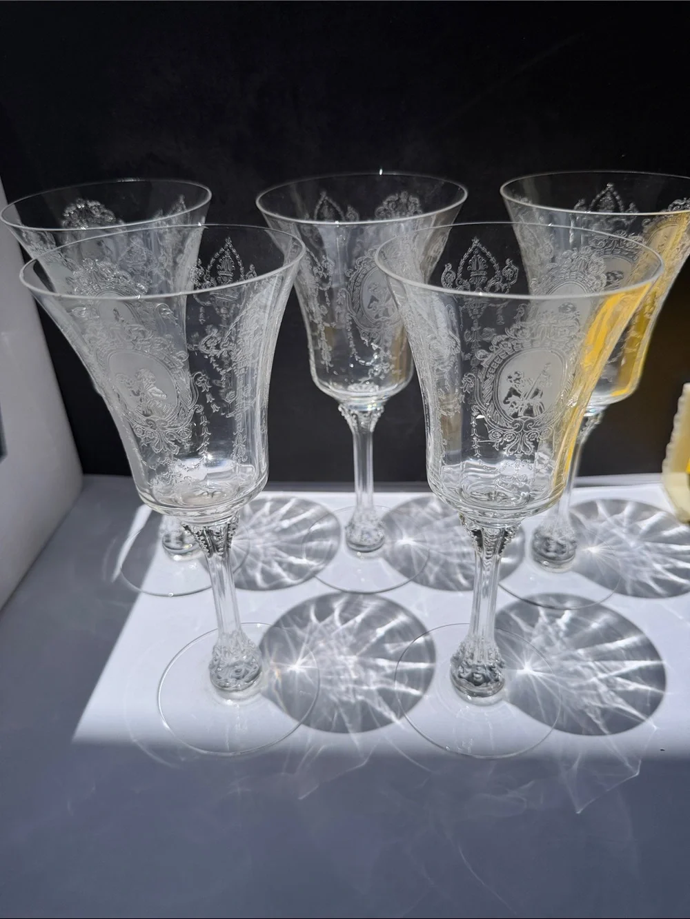 Vintage Elegant Clear Etched Crystal Wine Glasses - Set of 5
